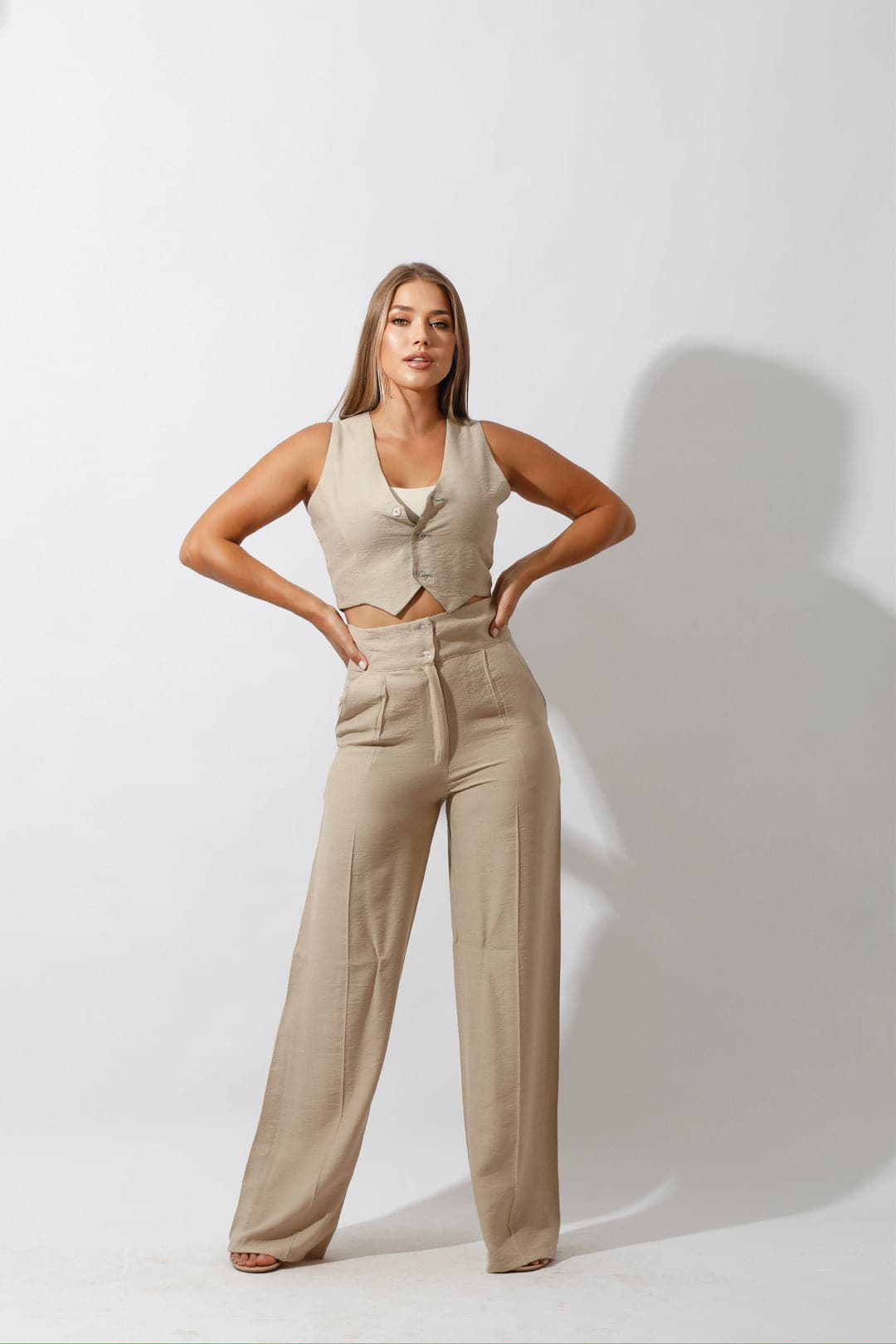 High Waist Linen-Blend Pants - Beige-1