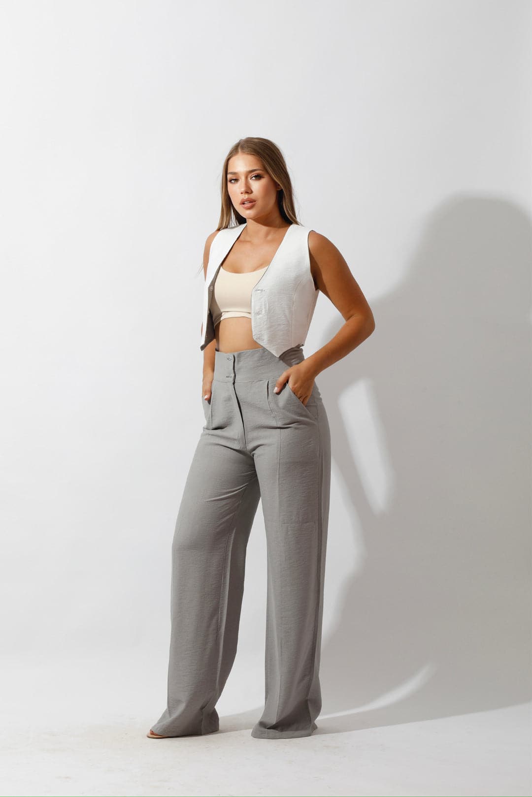 High Waist Linen-Blend Pants - Gray-3