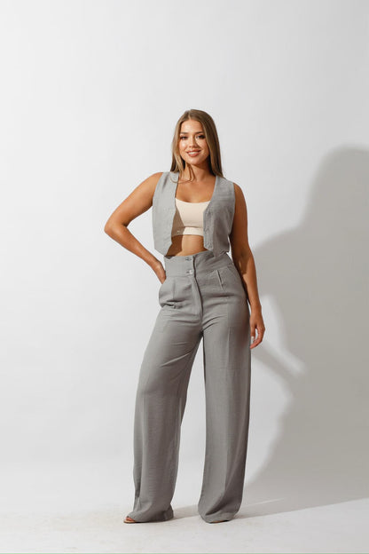 High Waist Linen-Blend Pants - Gray-4