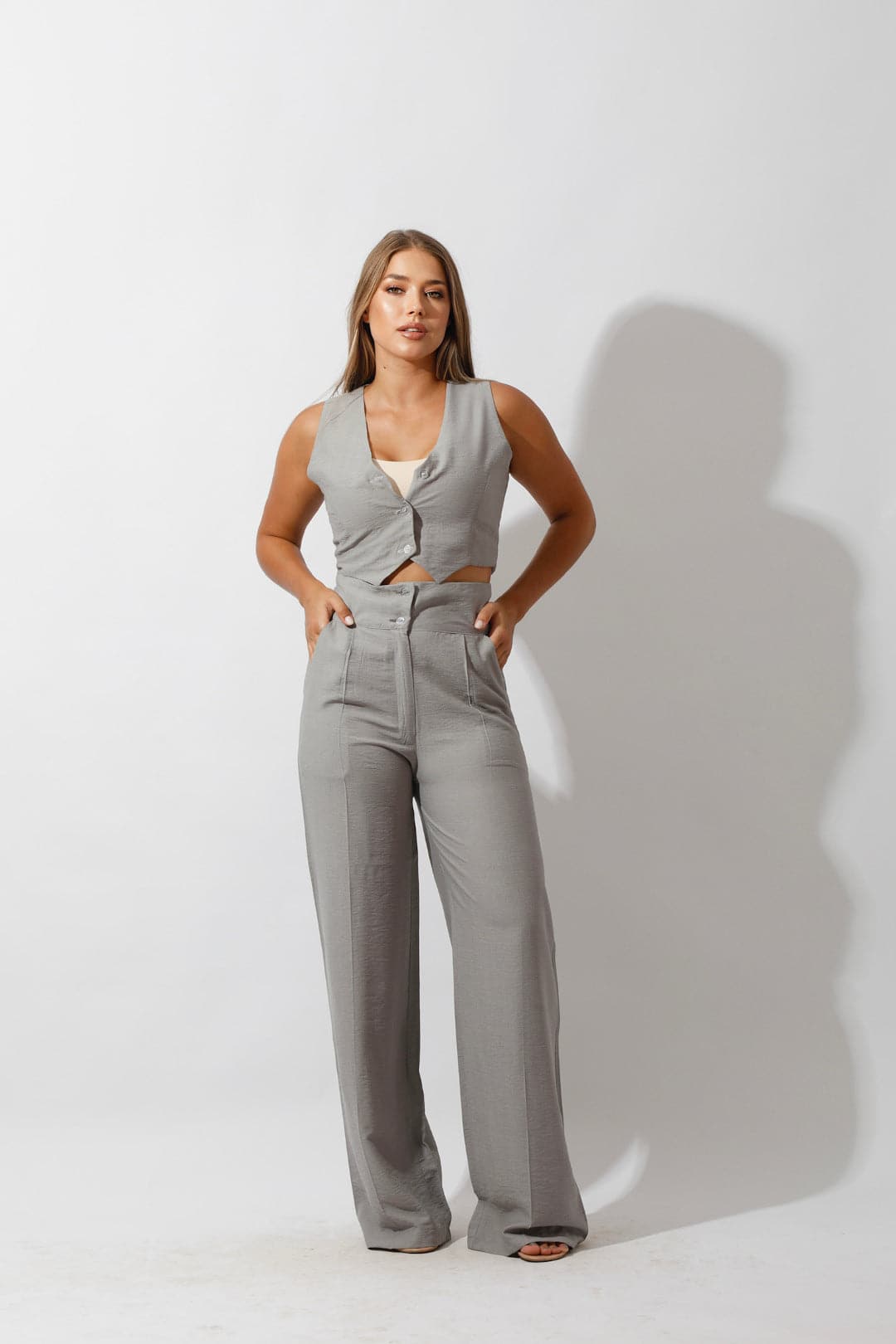 High Waist Linen-Blend Pants - Gray-1