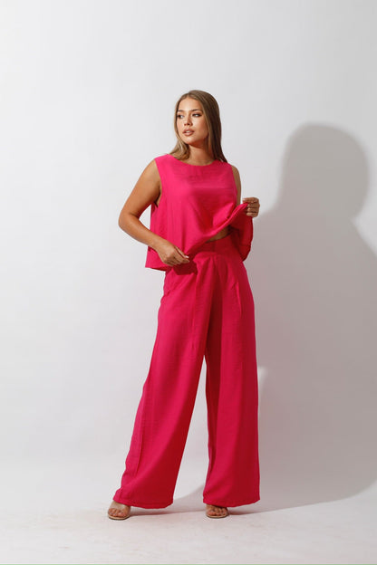 Linen-Blend Sleeveless Tank Top & Wide Leg Trouser Pant - Barbie Pink-4