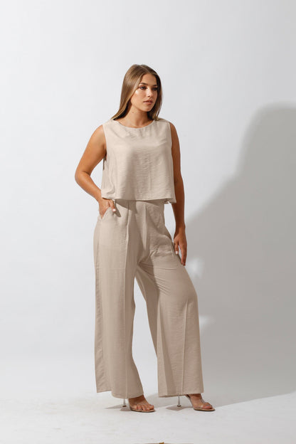 Linen-Blend Sleeveless Tank Top & Wide Leg Trouser Pant - Beige-2