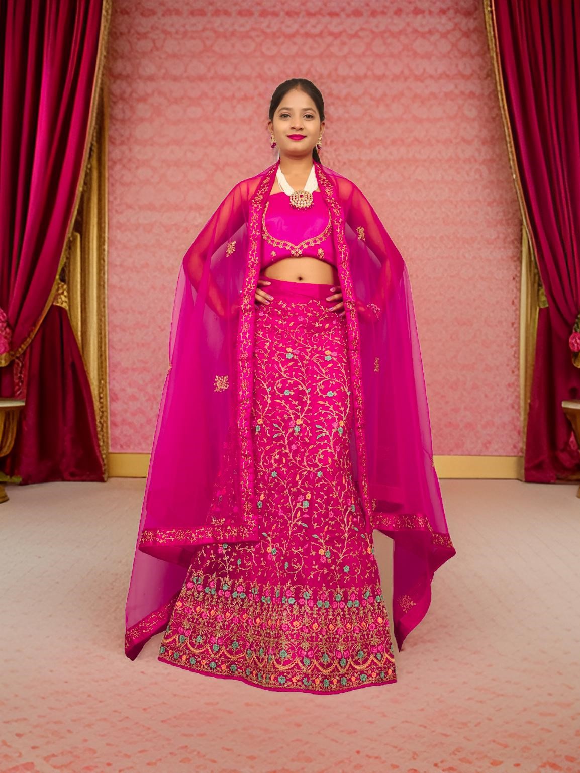 Semi-Stitched Lehenga with Embroidery & Zari Thread Work by Shreekama-6