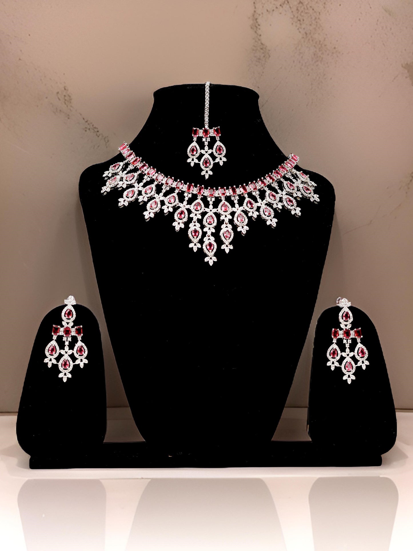 Silver Plated Rose Red AD Necklace Sets-0