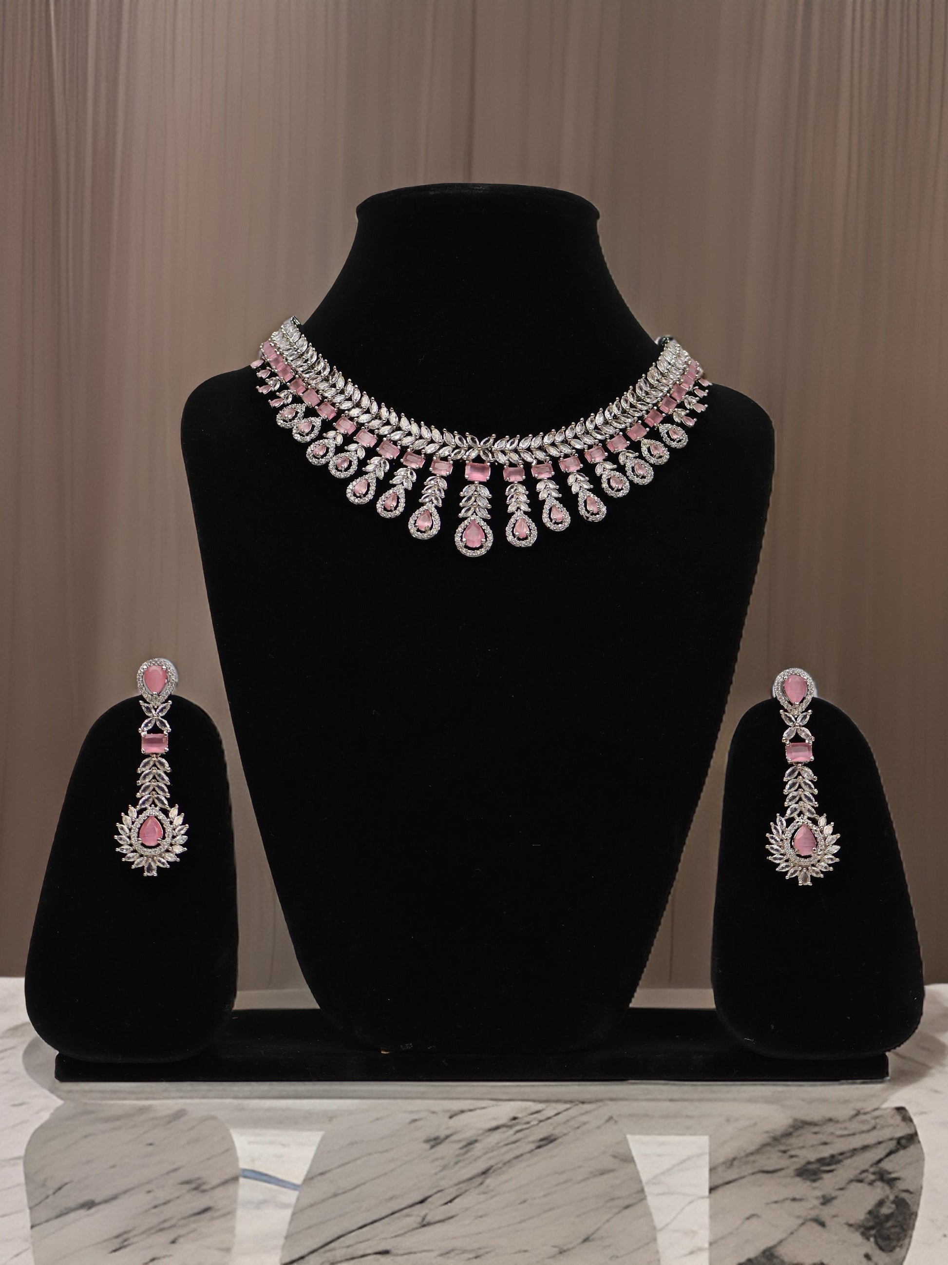 Silver Plated Pink AD Necklace Set-0