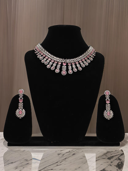 Silver Plated Pink AD Necklace Set-0