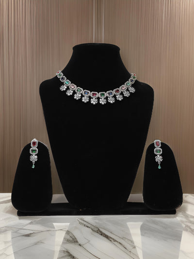 Silver Plated Multi Color AD Necklace Set-0