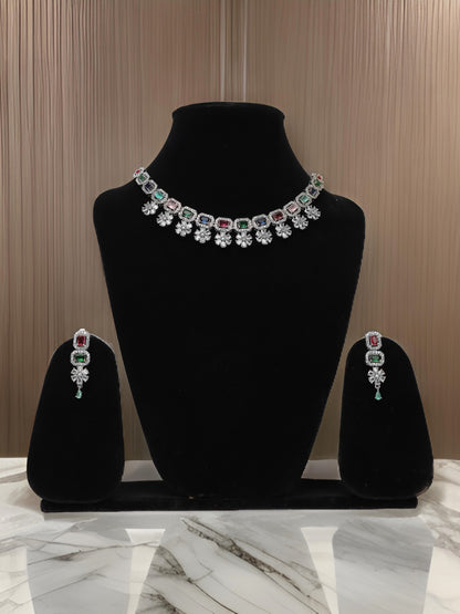 Silver Plated Multi Color AD Necklace Set-0