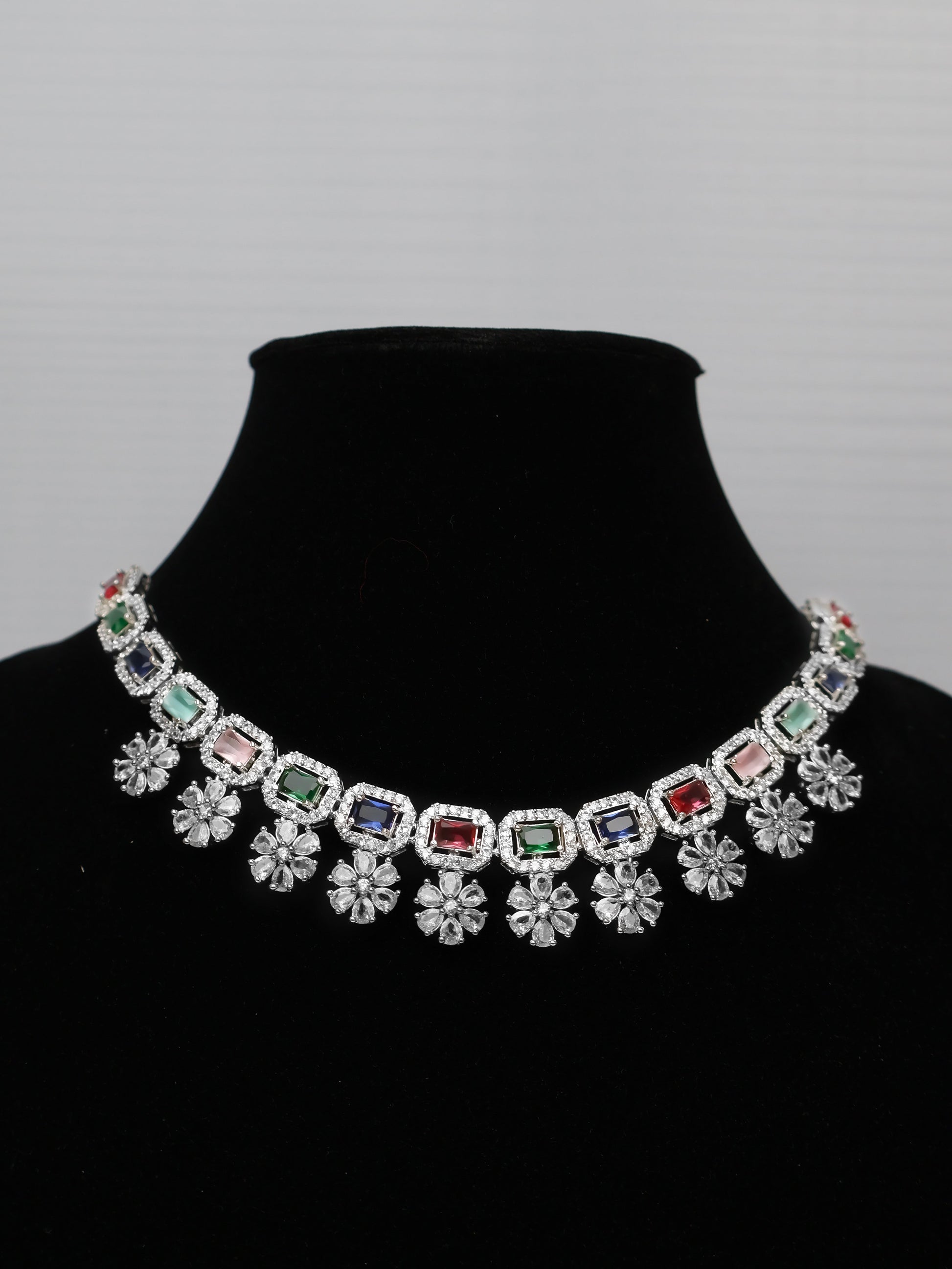 Silver Plated Multi Color AD Necklace Set-1