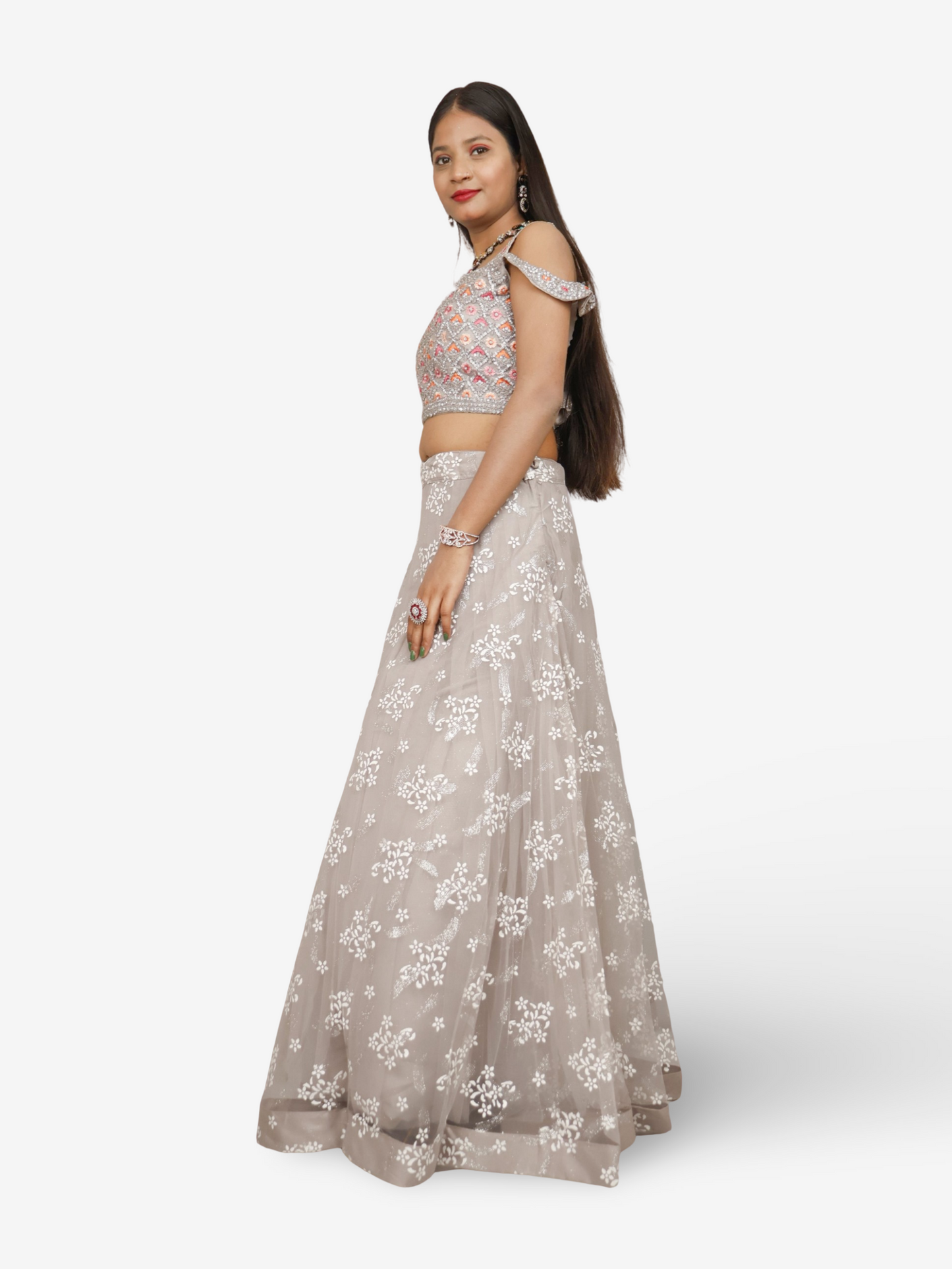 Embroidered Cold Shoulder Lehenga Choli Set-2