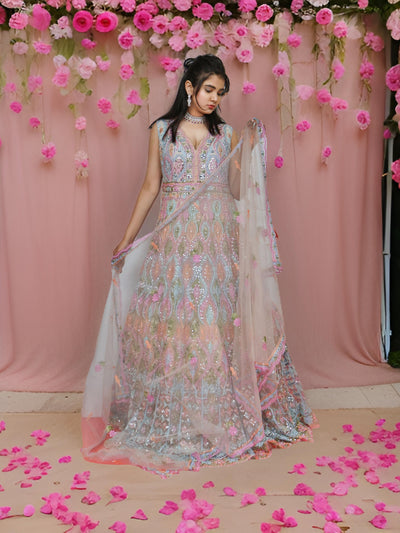 Multi Color Net Fabric Gown with Mirror Work & Embroidery by Shreekama-0