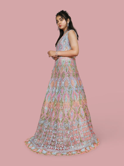 Multi Color Net Fabric Gown with Mirror Work & Embroidery by Shreekama-1