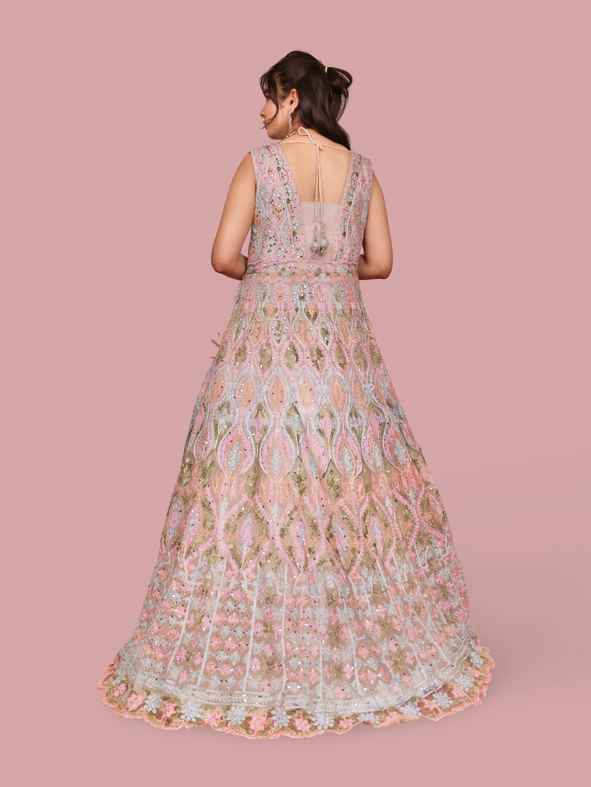 Multi Color Net Fabric Gown with Mirror Work & Embroidery by Shreekama-2