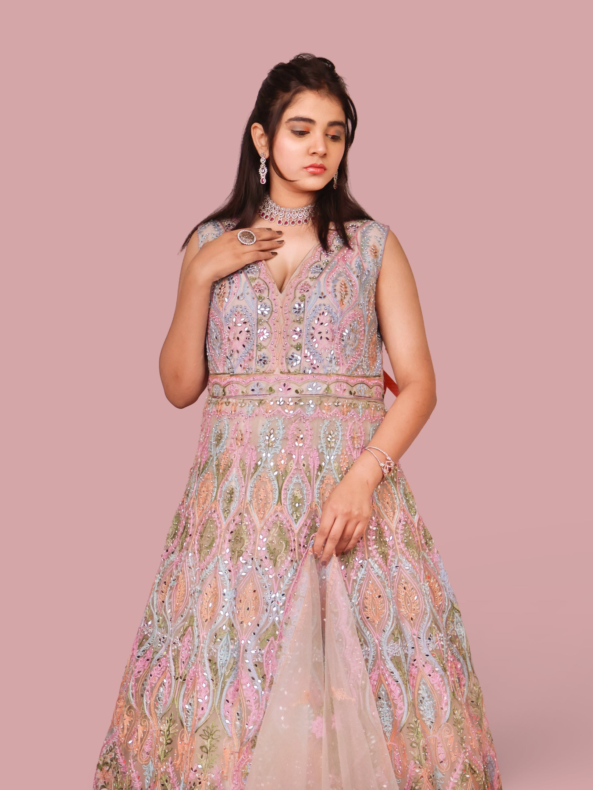 Multi Color Net Fabric Gown with Mirror Work & Embroidery by Shreekama-3