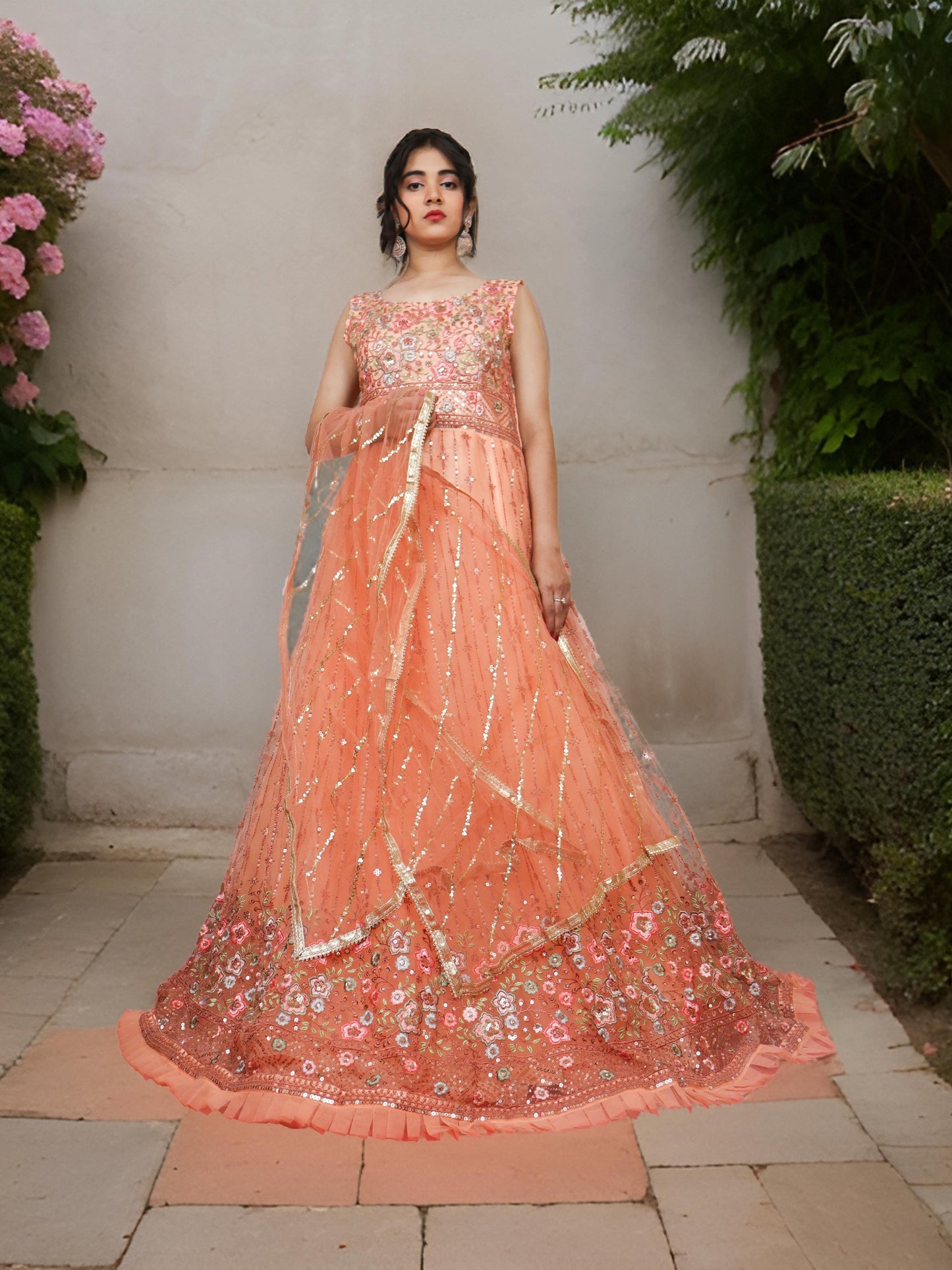 Peach Gown with Embroidery & Sequin Work by Shreekama-0