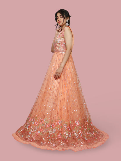 Peach Gown with Embroidery & Sequin Work by Shreekama-1