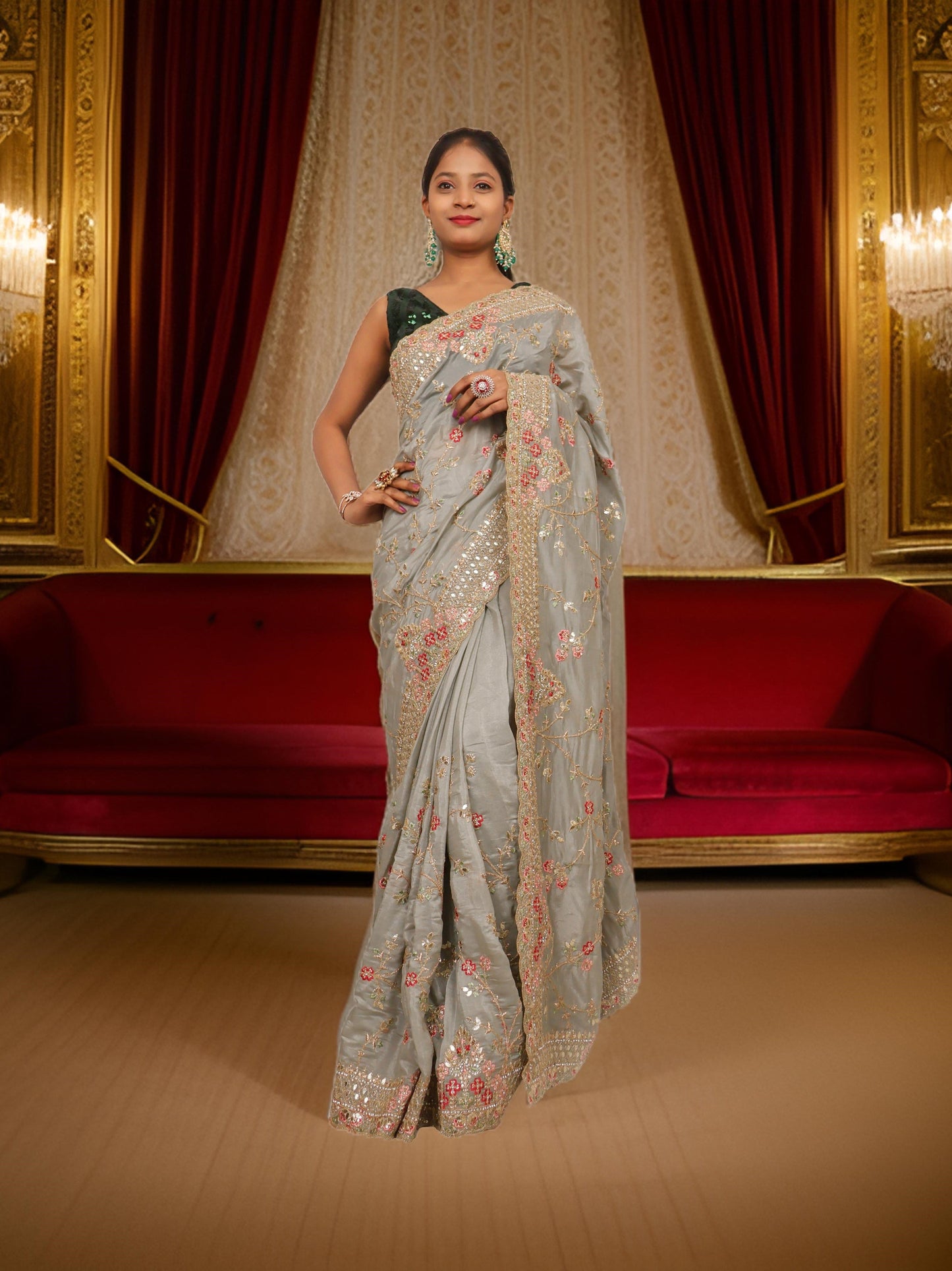 Designer Saree with Stone & Embroidery Work by Shreekama-5