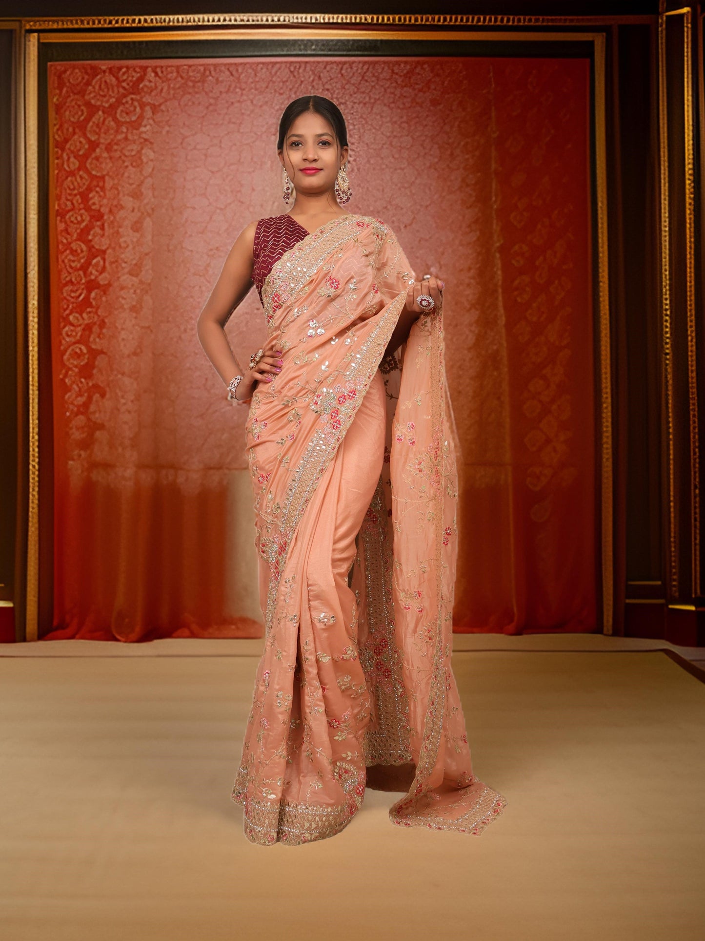 Designer Saree with Stone & Embroidery Work by Shreekama-0