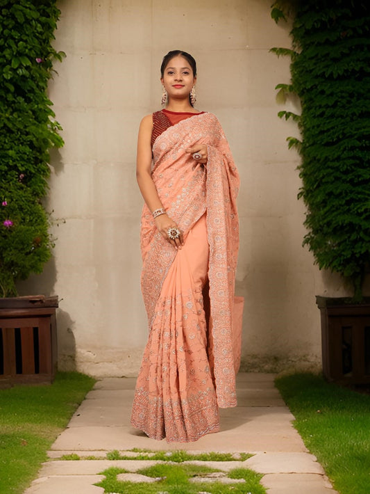 Designer Saree with Heavy Embroidery & Zari Thread Work by Shreekama-0