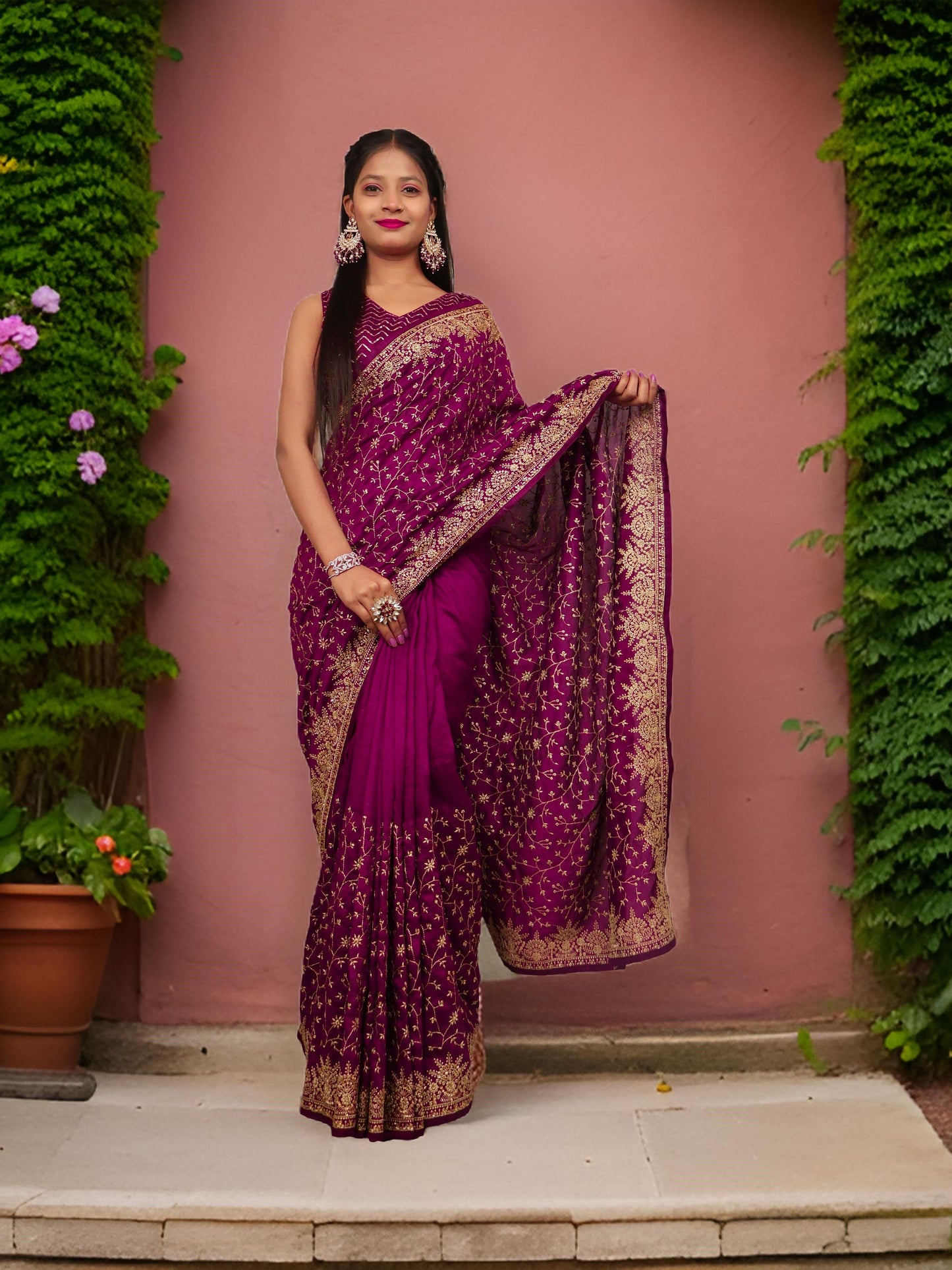 Designer Saree with Kundan & Embroidery Work by Shreekama-5