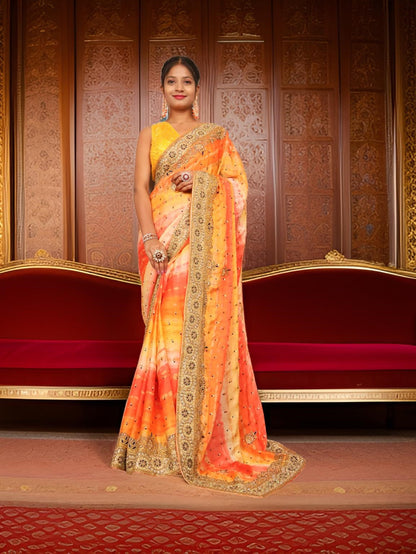 Designer Saree with Kundan & Cut Dana Work by Shreekama-5