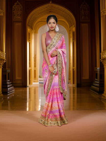 Designer Saree with Kundan & Cut Dana Work by Shreekama-0