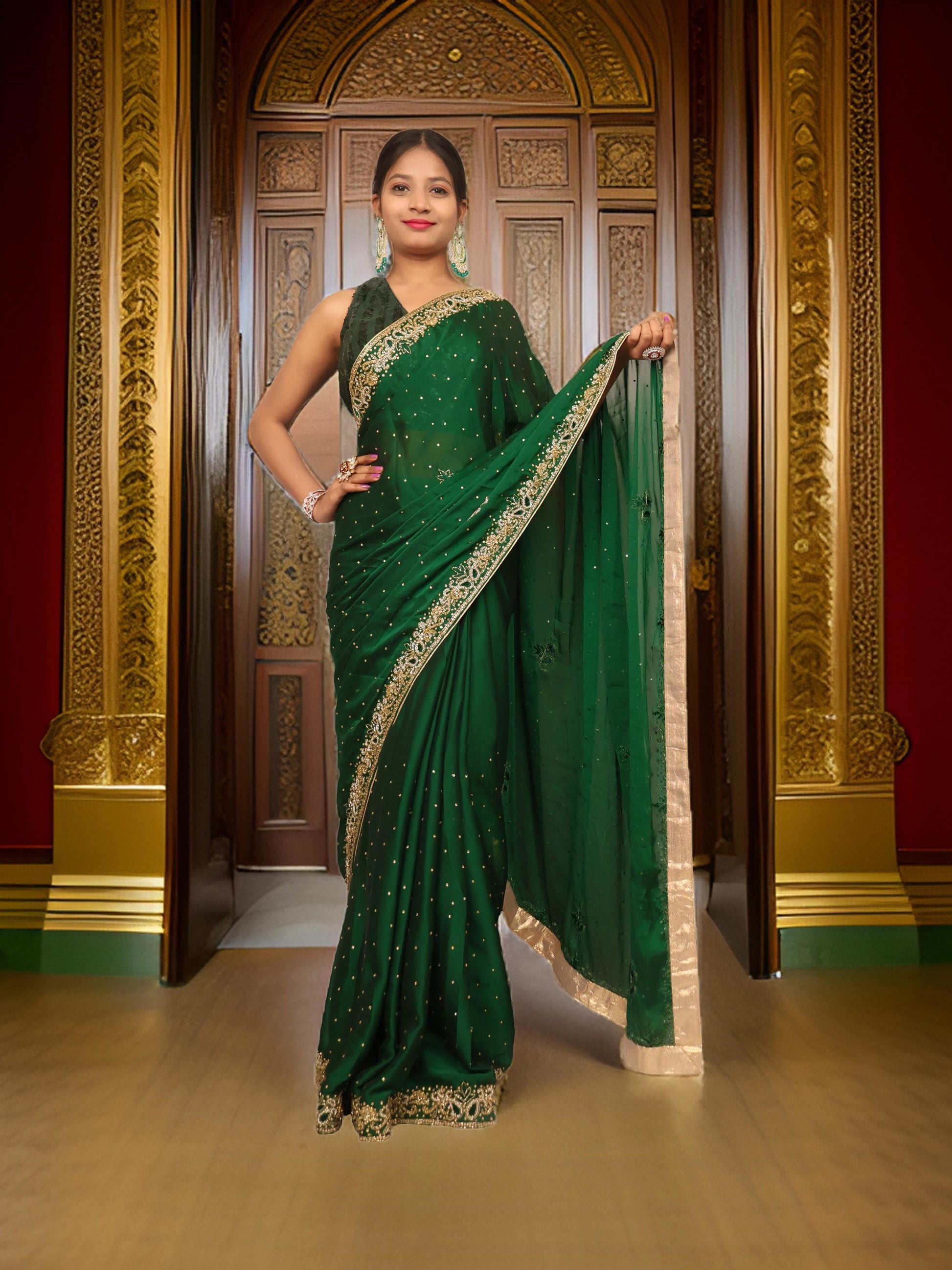 Designer Saree with Cut Dana & Kundan Work by Shreekama-0