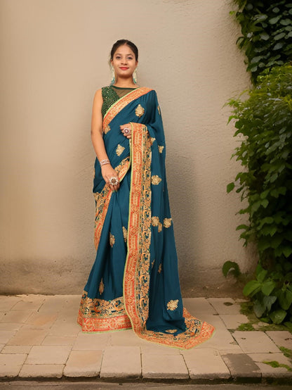 Designer Saree with Kundan & Embroidery Work by Shreekama-0