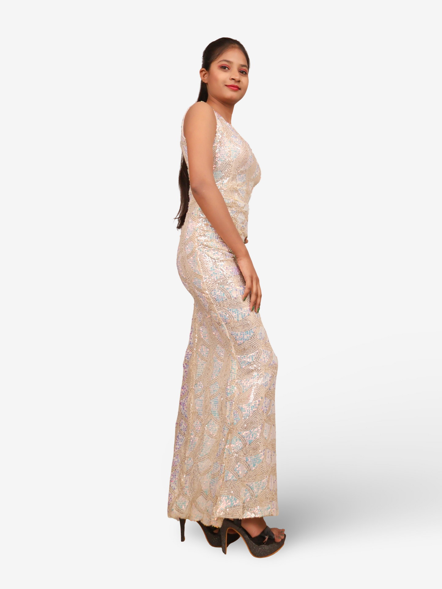 Starry Elegance Cream Sequins Maxi Dress by Shreekama-1