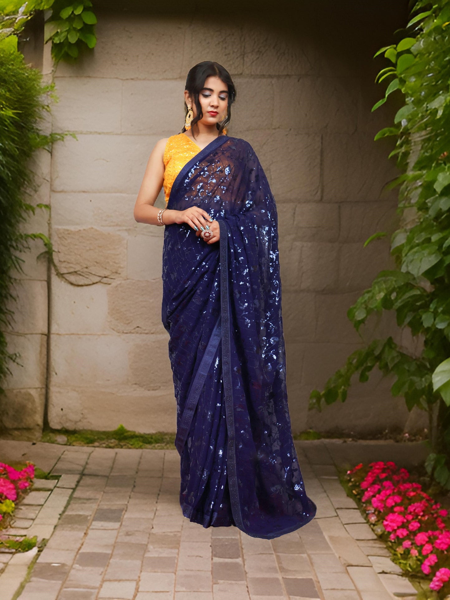 Designer Saree with Rhinestones & Heavy Sequin Work by Shreekama-0