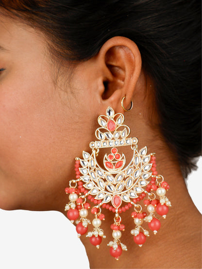 Kundan & Pearl Drop Earrings with Textured Detailing for Women by Shreekama-2