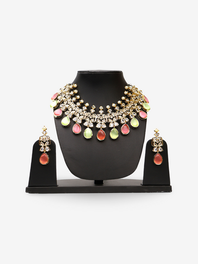 Three Layer Pink & Mint Green Monalisa Stones and Polki Necklace Set-0