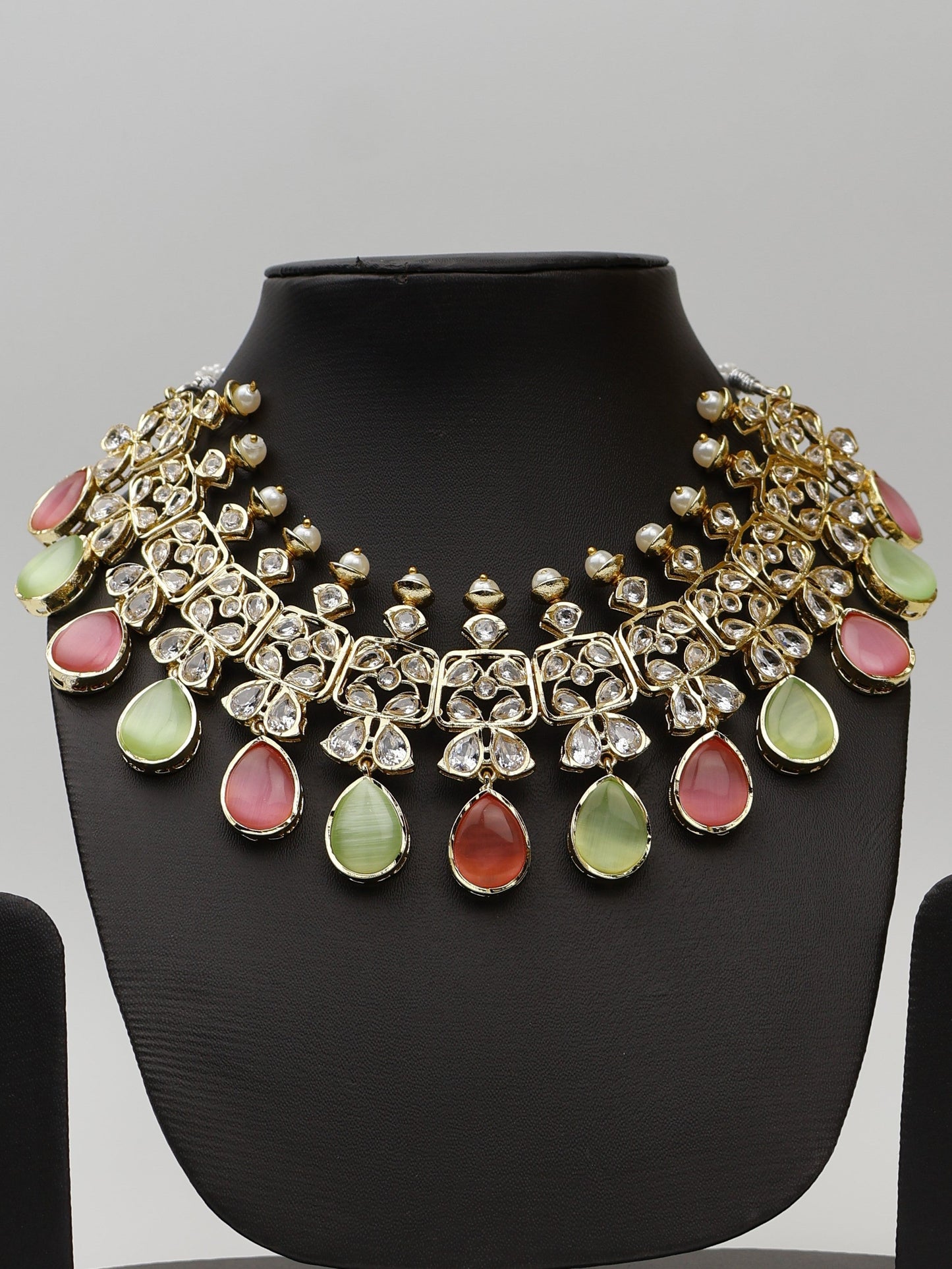 Three Layer Pink & Mint Green Monalisa Stones and Polki Necklace Set-1