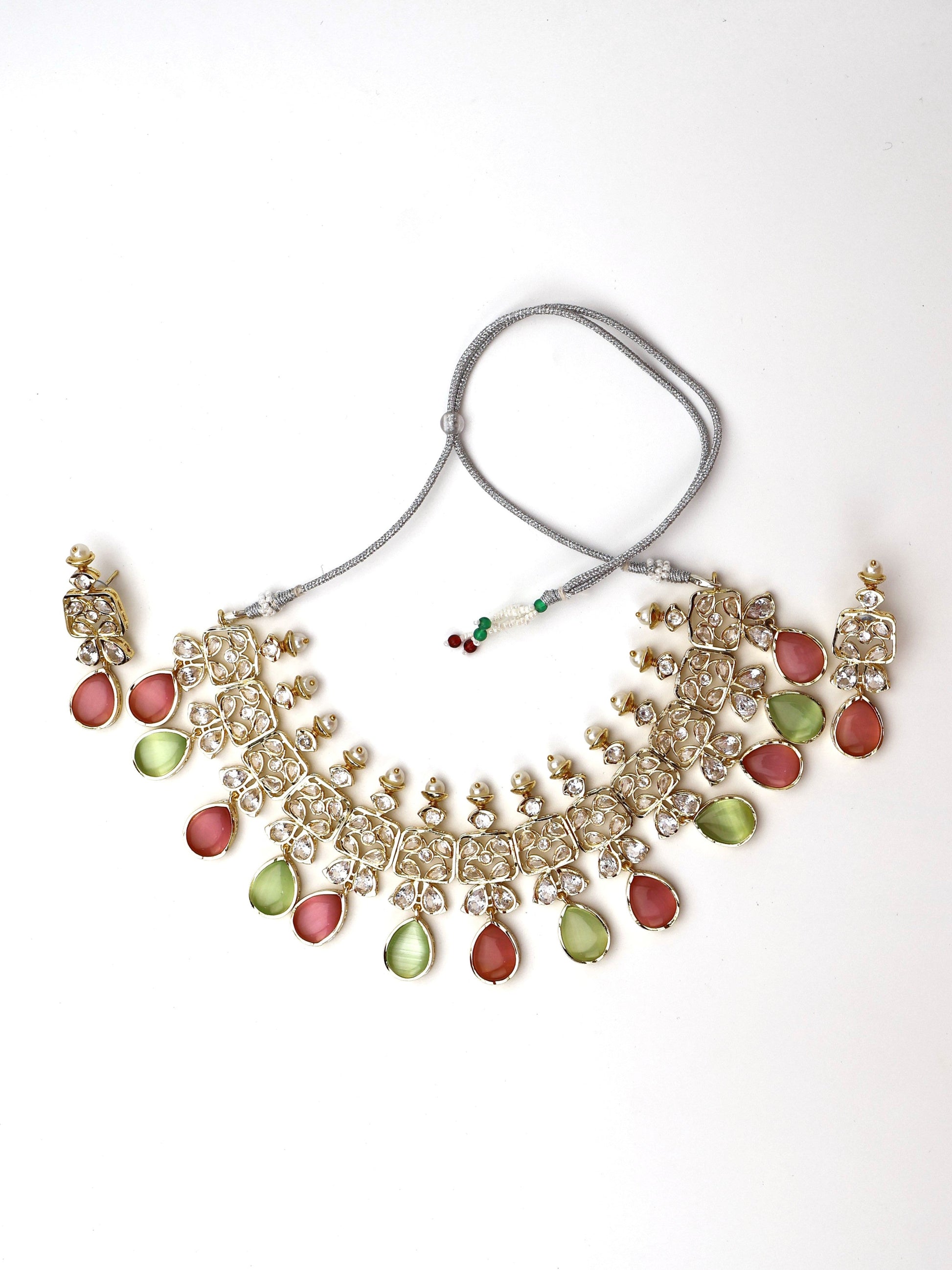 Three Layer Pink & Mint Green Monalisa Stones and Polki Necklace Set-3