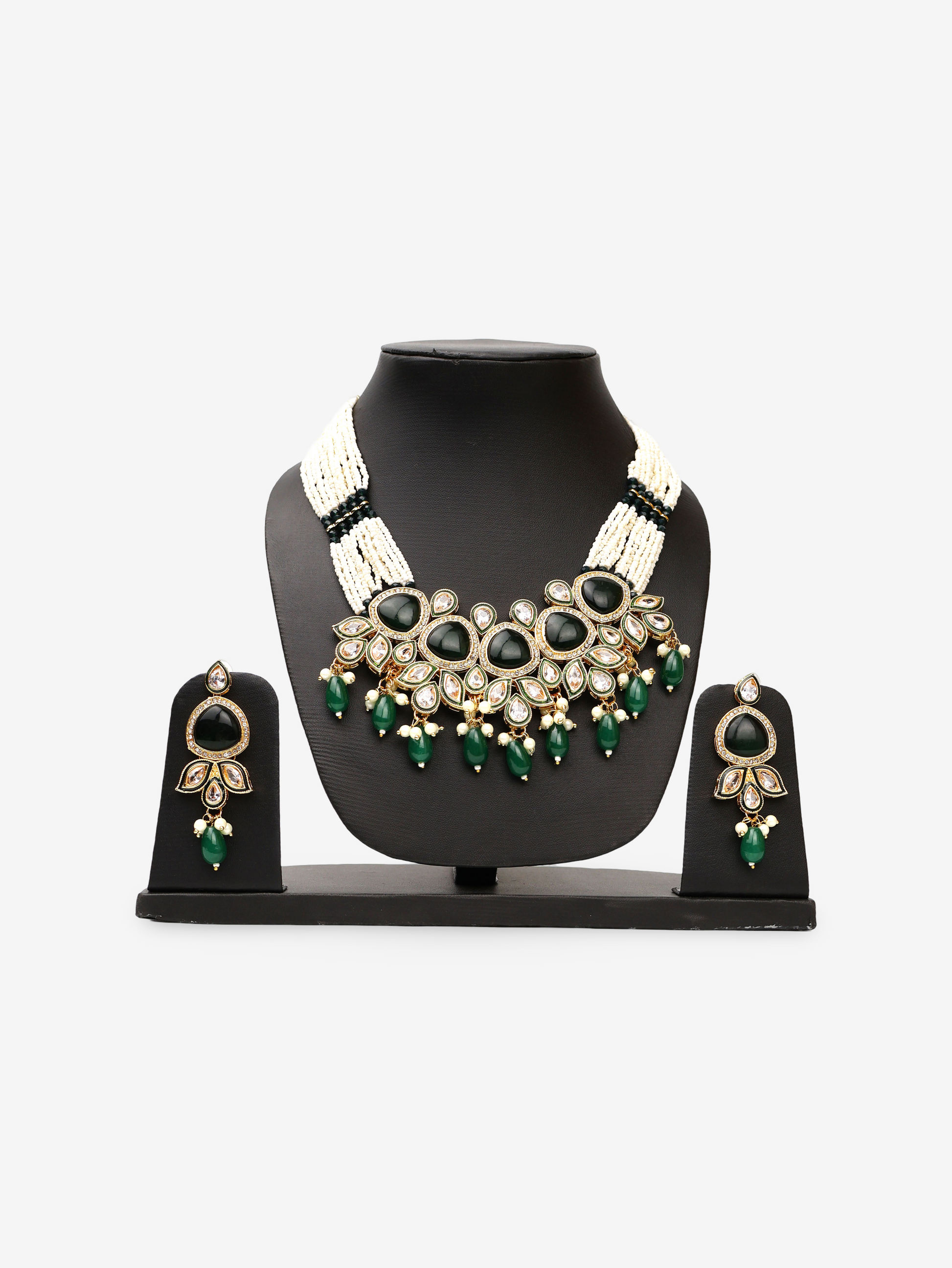 Black and Green Necklace set with Kundan and Pearl string-0