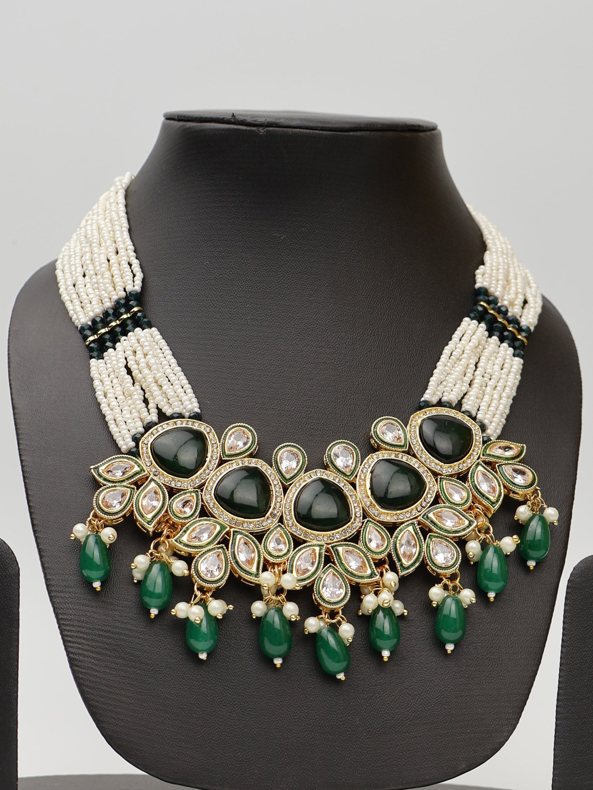 Black and Green Necklace set with Kundan and Pearl string-1