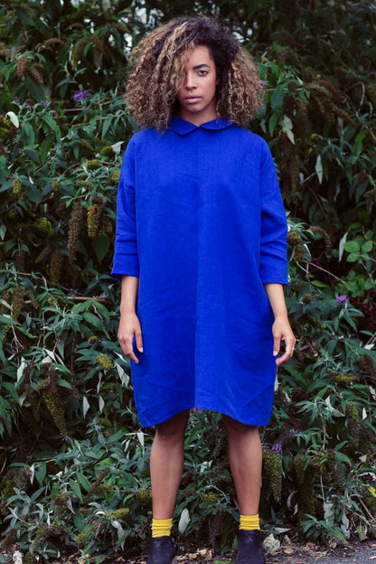 100% Linen 3/4 Sleeve Classic Dress Royal Blue-1