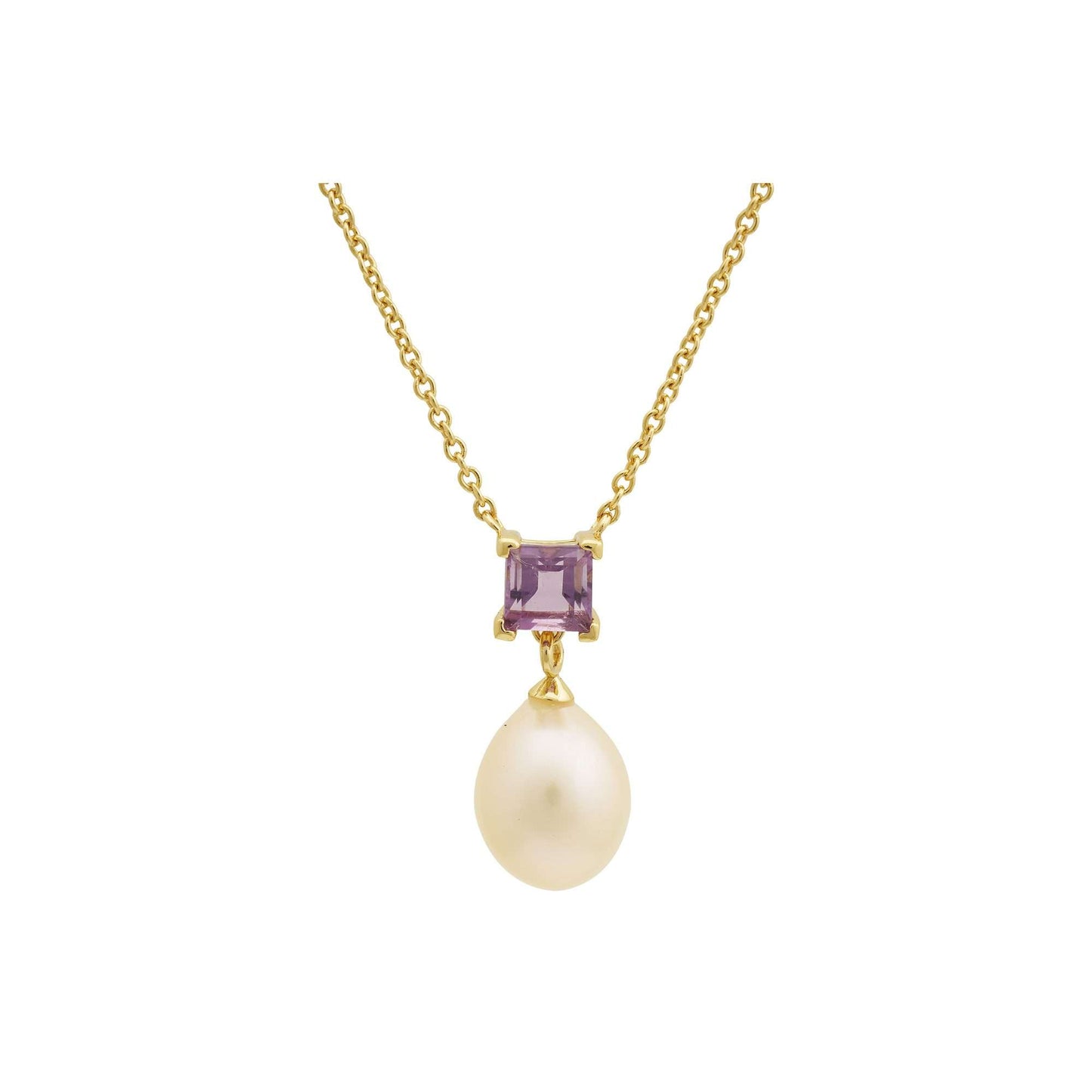 5 MM Amethyst Stone & 9 - 9.5 MM Freshwater Pearl Venice Pendant 24 CT Gold Plated Silver 925 Setting-0