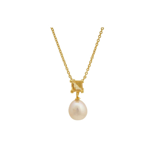 5 MM Citrine Stone & 9 - 9.5 MM Freshwater Pearl Venice Pendant in 24 CT Gold Plated Silver 925 Setting-0