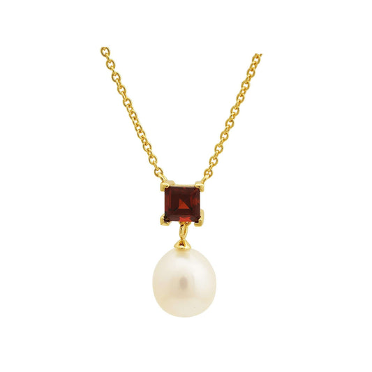 5 MM Red Garnet Stone & 9 - 9.5 MM Freshwater Pearl Venice Pendant in 24 CT Gold Plated Silver 925 Setting-0