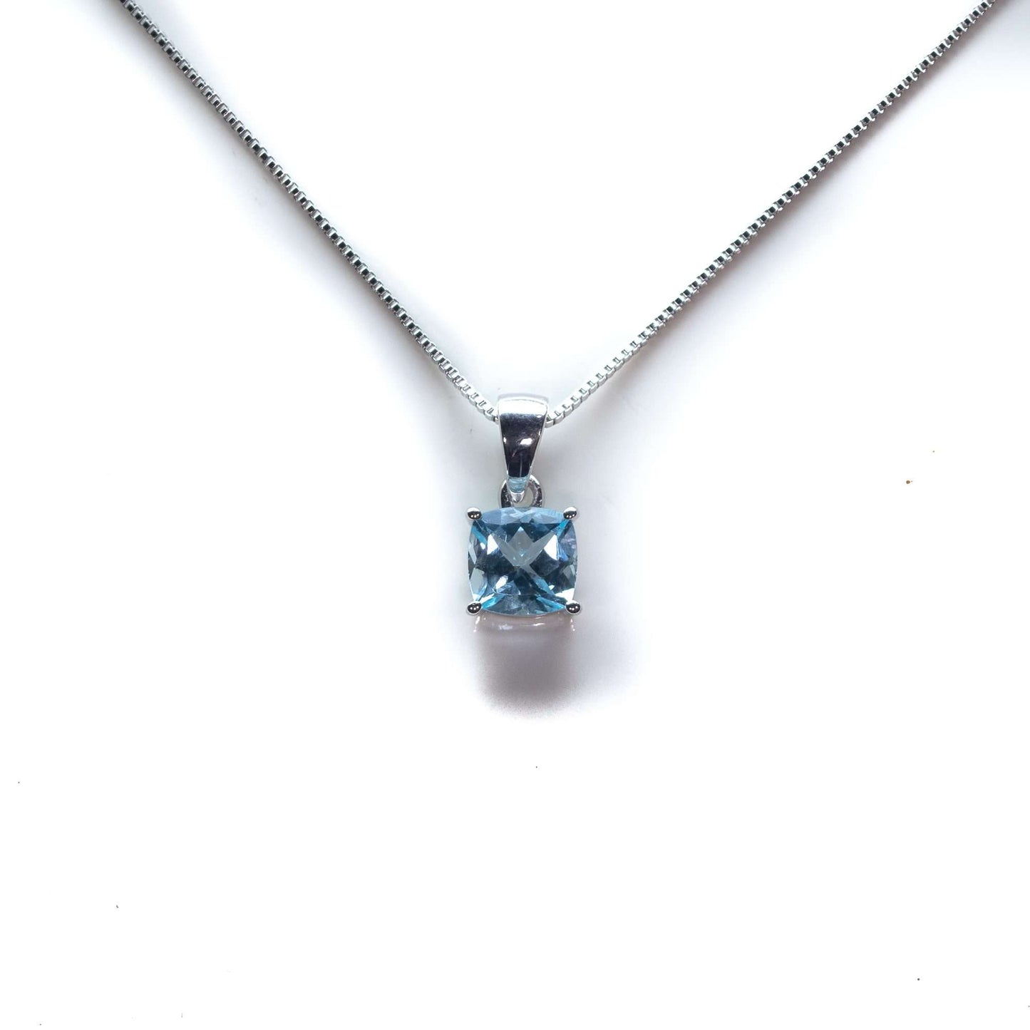 8 MM Natural Blue Topaz 2.5 CT Cushion Cut Stanley Solitaire Necklace in Silver 925-0