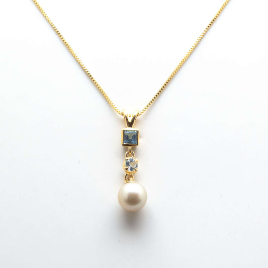 Golden South Sea Pearl with Natural Aquamarine & Blue Topaz Stones Blackheath Pendant 8.5 - 9.5 MM-0