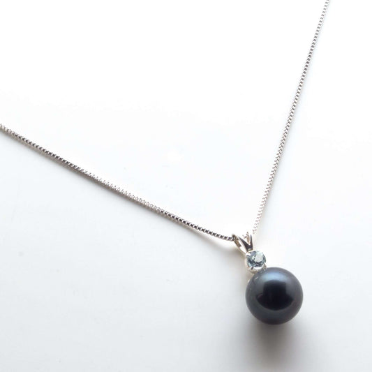 Tahitian South Sea Black Pearls with Natural Aquamarine Stone Kunduz Pendant 10.5 - 11.5 MM-0