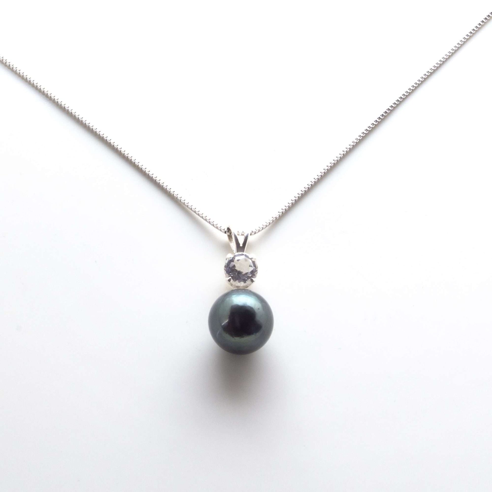 Tahitian South Sea Black Pearls with Natural White Topaz Stone Redsea Pendant 10.5 - 11.5 MM-0