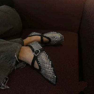 Round Head Mesh Sparkling Diamond One Line Strip Soft Sole Women's Shoes, Rhinestone Genuine Leather Mary Jane Shoes