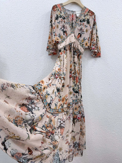 EVACANDIS 100% Real Silk Women Short Flare Sleeve Floral Printing Midi Dress A-Line Bohemian Vintage Elegant Chic V-Neck Diamond