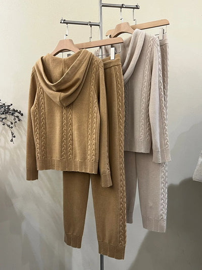 100% Cashmere Two Piece Knitted Loose Pants And Knit Cardigan Sweater Jacket Suit Women 2023  Winter Warm Sets Female Tracksuits