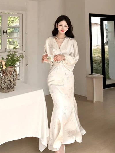 High Quality New Chinese Style Light National Style Dress White Long Sleeve Satin Printed Dress