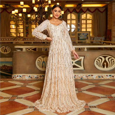 European and American Long Sleeve Graceful Collar Long Sequined Party Dress Large Swing Dress for Women