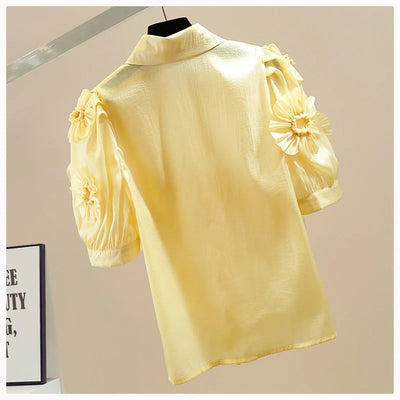 Sweet Flowers Vintage Crumpled Puff Short Sleeve Shirt 2023 Summer Fashion Single-Breasted Slight See-through Blouse Loose Tops